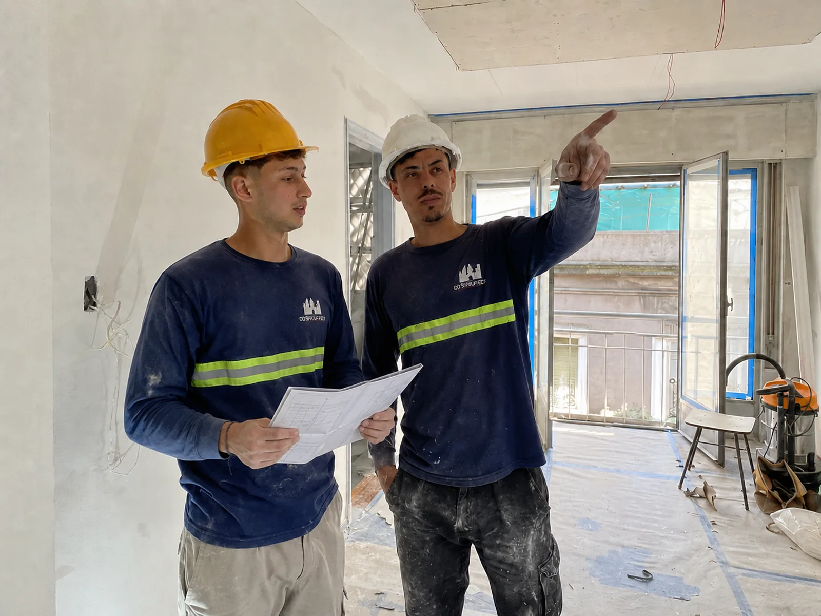 Equipo de ConstruFach revisando los planos de una reforma en obra